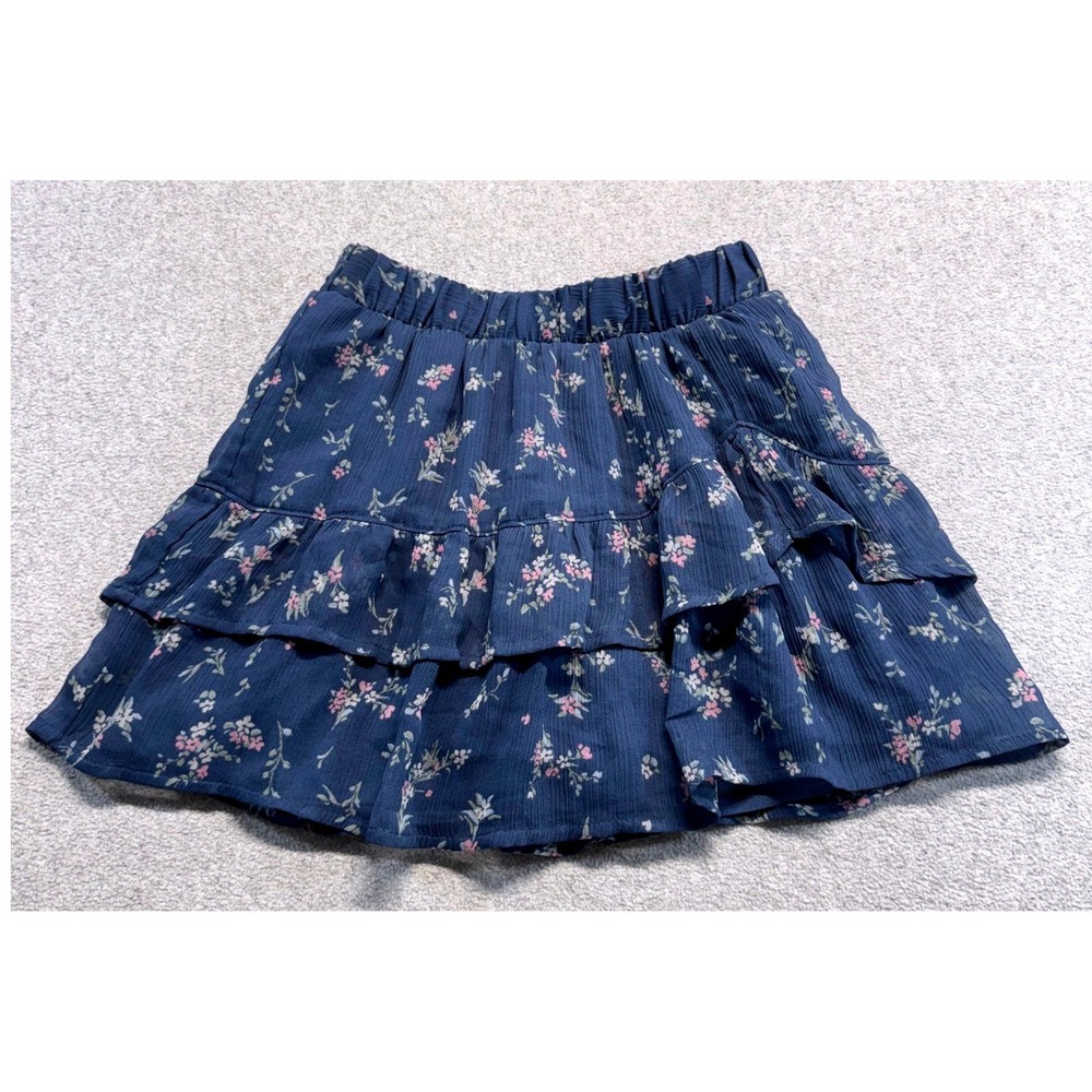 abercrombie Kids Floral Tiered Ruffle Skort 7/8 Navy Blue Elastic Waist Casual